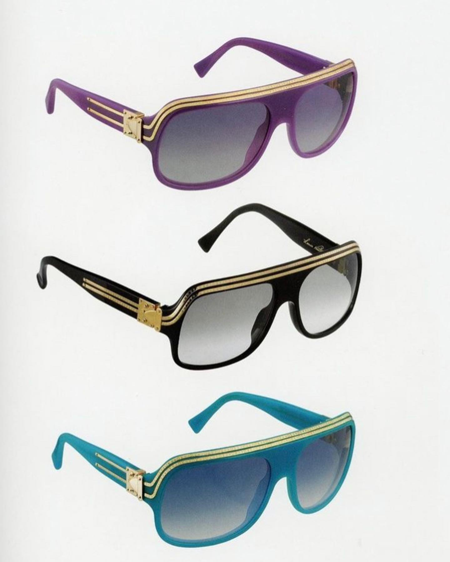 Pharrell and Nigo designed the Millionaire sunglasses for Marc Jacobs' Louis Vuitton spring-summer 2005 collection. The red, black and white frames were released in 2005. The purple and turquoise were reissued in 2007