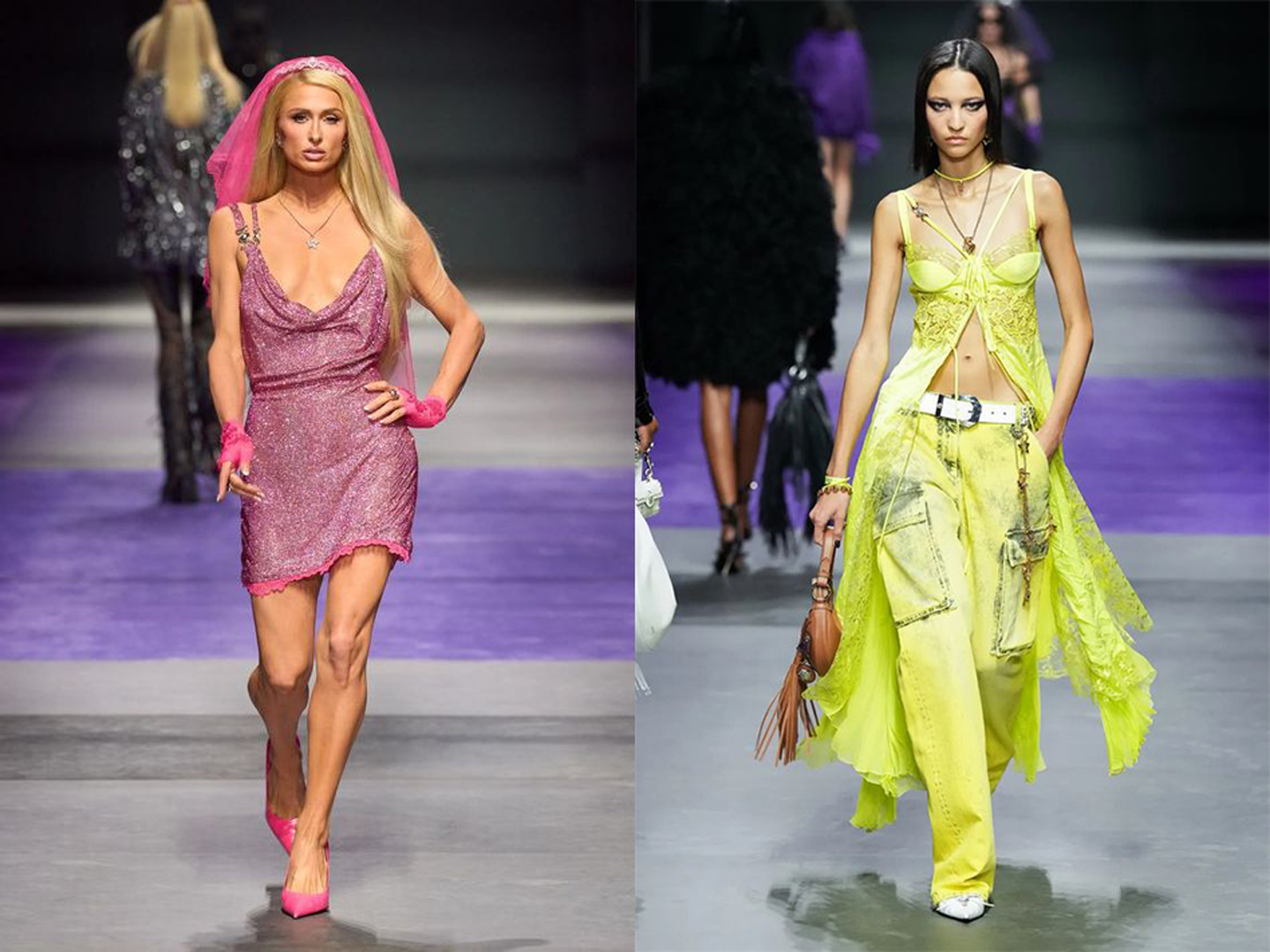 Looks from the Versace spring-summer 2023 catwalk in Milan. 2000s icon Paris Hilton closed the show imagined by Donatella Versace