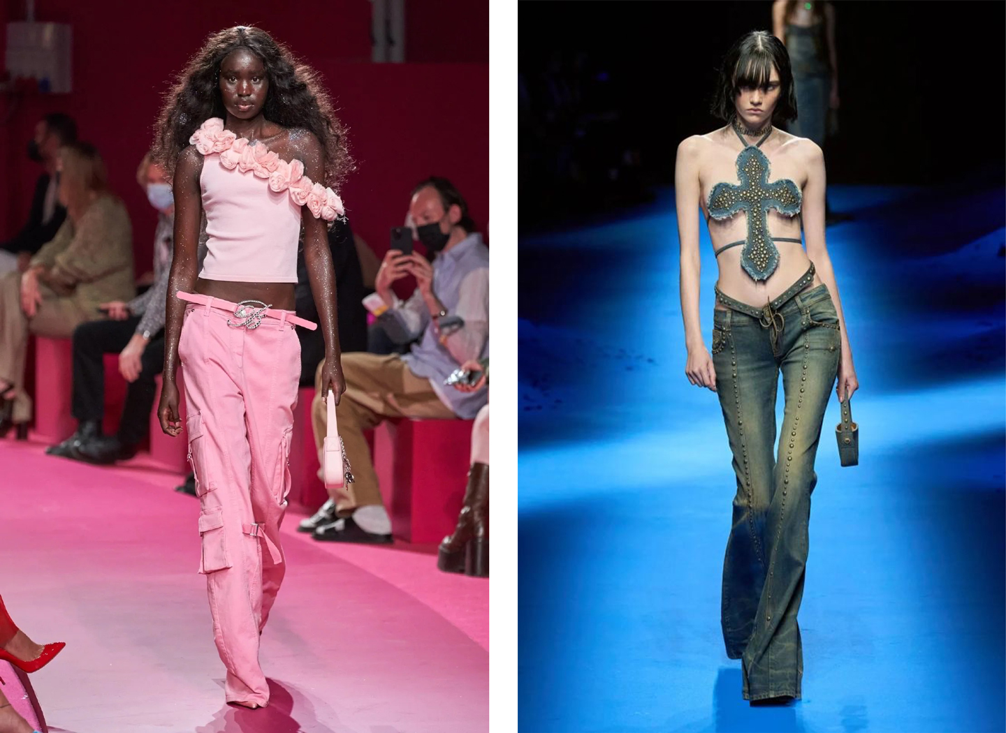Blumarine by Istituto Marangoni alumnus Nicola Brognano has brought the 2000s back nto fashion. From left to right: looks from the Blumarine spring-summer 2022 and spring-summer 2023 collections