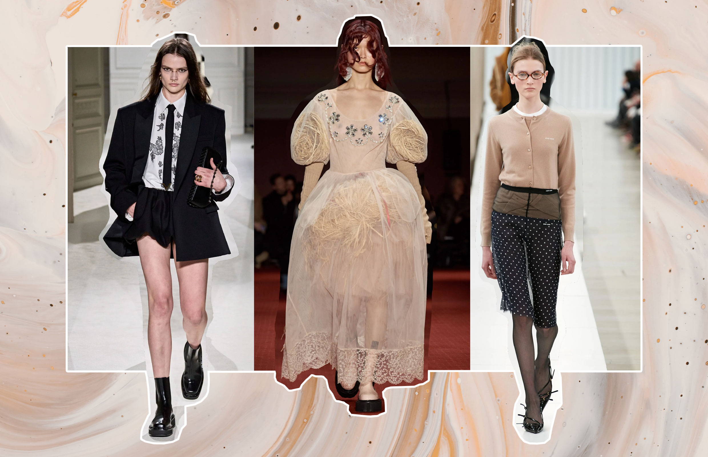 From left to right, the Valentino suit-and-tie women, Simone Rocha’ coquette girls rocking London Fashion week and Miu Miu’s no-pants librarians: which character you wanna unlock this season?