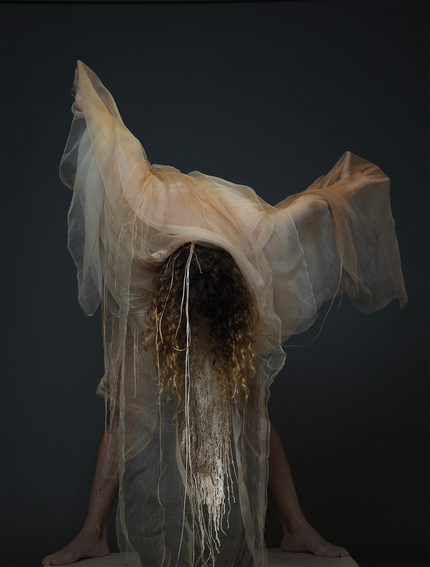 IM tutor Dr. Matteo Augello responds to Karen Spurgin’s bark-dyed embroidery through performance. Photography: IM London’s MA Photo-department