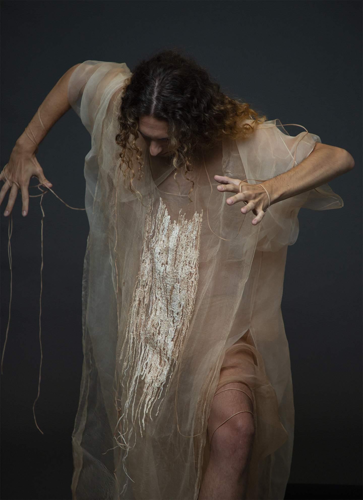 IM tutor Dr. Matteo Augello responds to Karen Spurgin’s bark-dyed embroidery through performance. Photography: IM London’s MA Photo-department