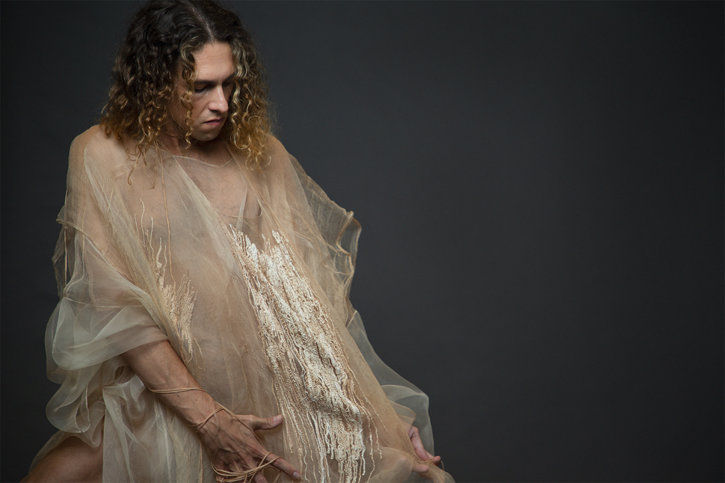IM tutor Dr. Matteo Augello responds to Karen Spurgin’s bark-dyed embroidery through performance. Photography: IM London’s MA Photo-department