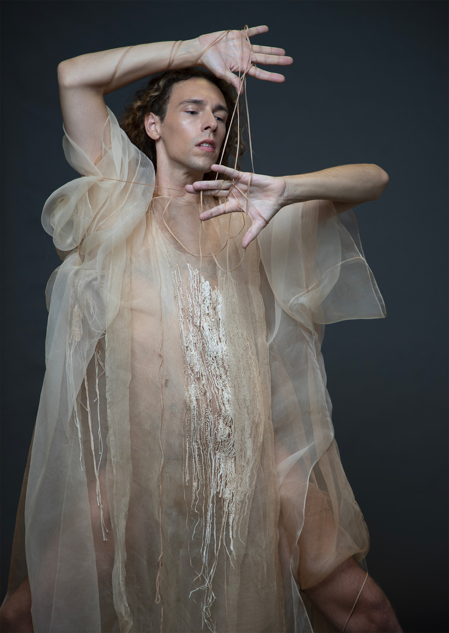 IM tutor Dr. Matteo Augello responds to Karen Spurgin’s bark-dyed embroidery through performance. Photography: IM London’s MA Photo-department 