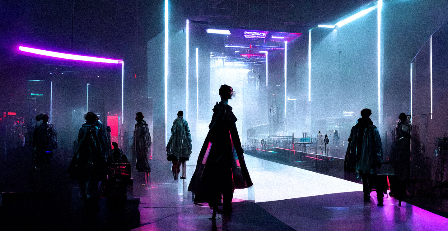 Backstage at a Metaverse fashion show, made with Midjourney and Photoshop by Constanza Coscia