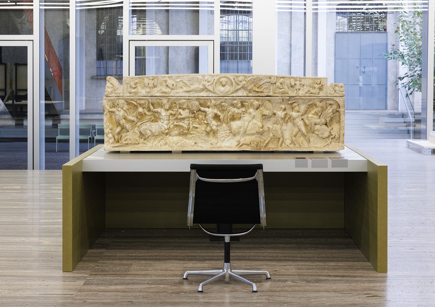 In the foreground: Sarcophagus with scenes of Dionysus in combat agains the Amazons, 2nd half of the 2nd century CE (c. 160 CE), Cortona, Museo Diocesano